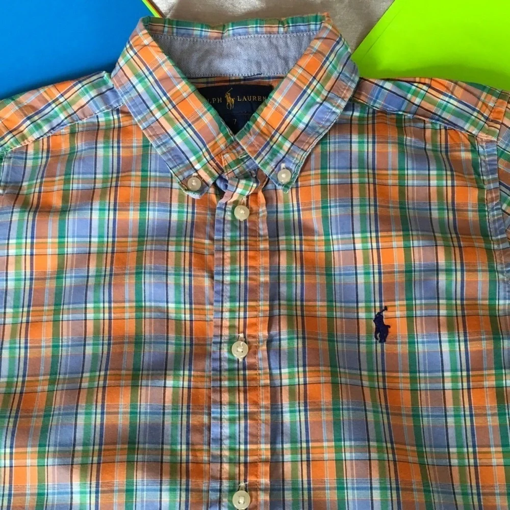 Ralph Lauren button down shirt orange & green boys GUC size 7